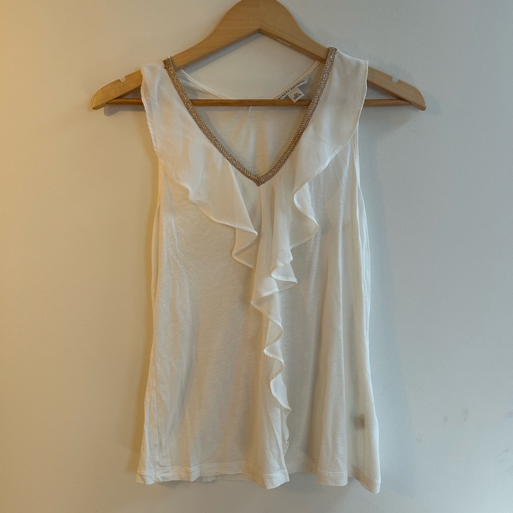 Banana Republic Gold-Trimmed White Ruffled Tank Top